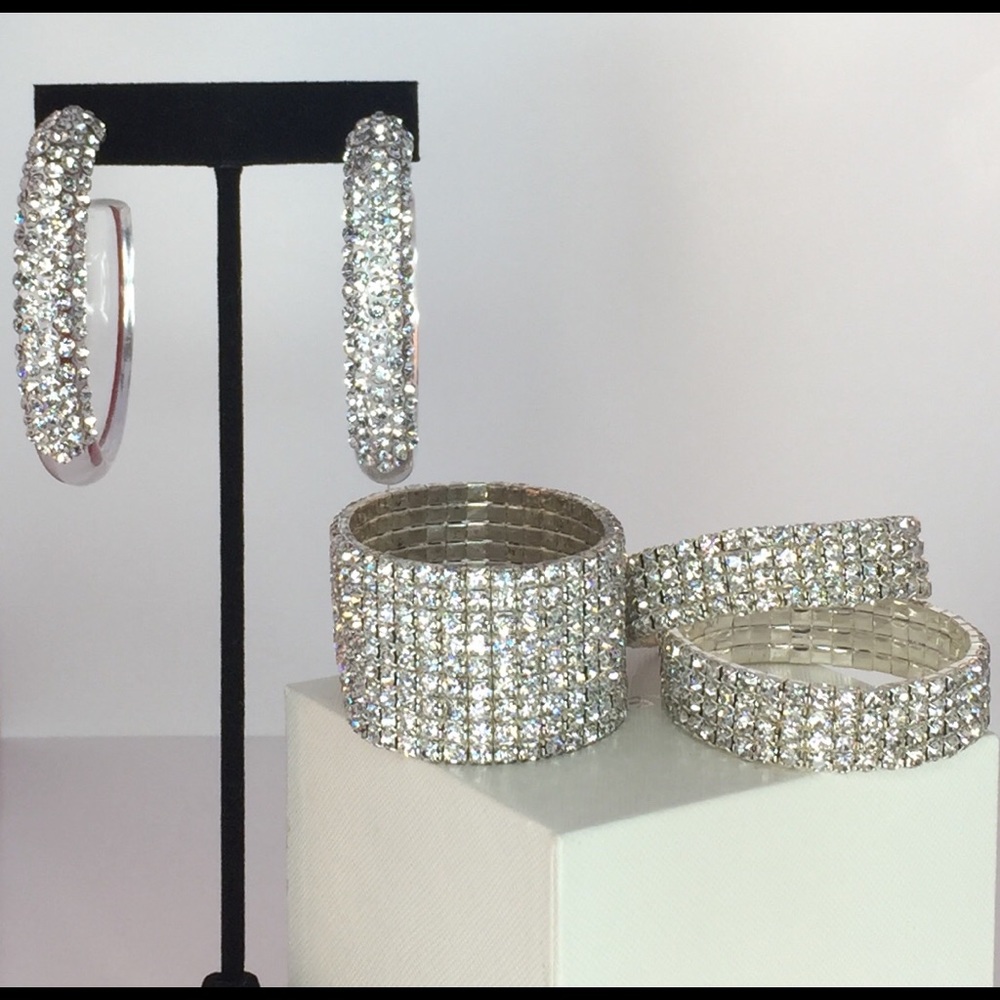 Crystal hoop earrings and three matching bracelets